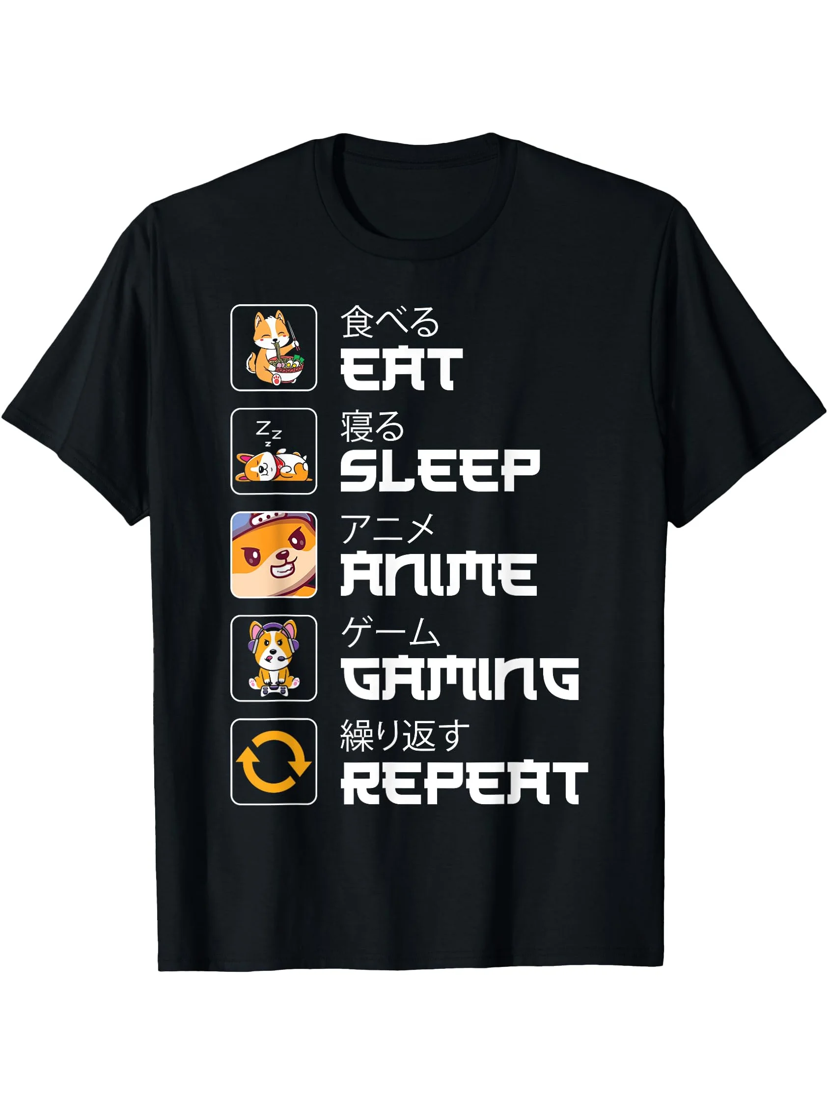 Men's Eat Sleep Anime Gaming Repeat T-Shirt - Casual Black Crew Neck, 100% Cotton, Short Sleeve with Colorful Anime Illustration
