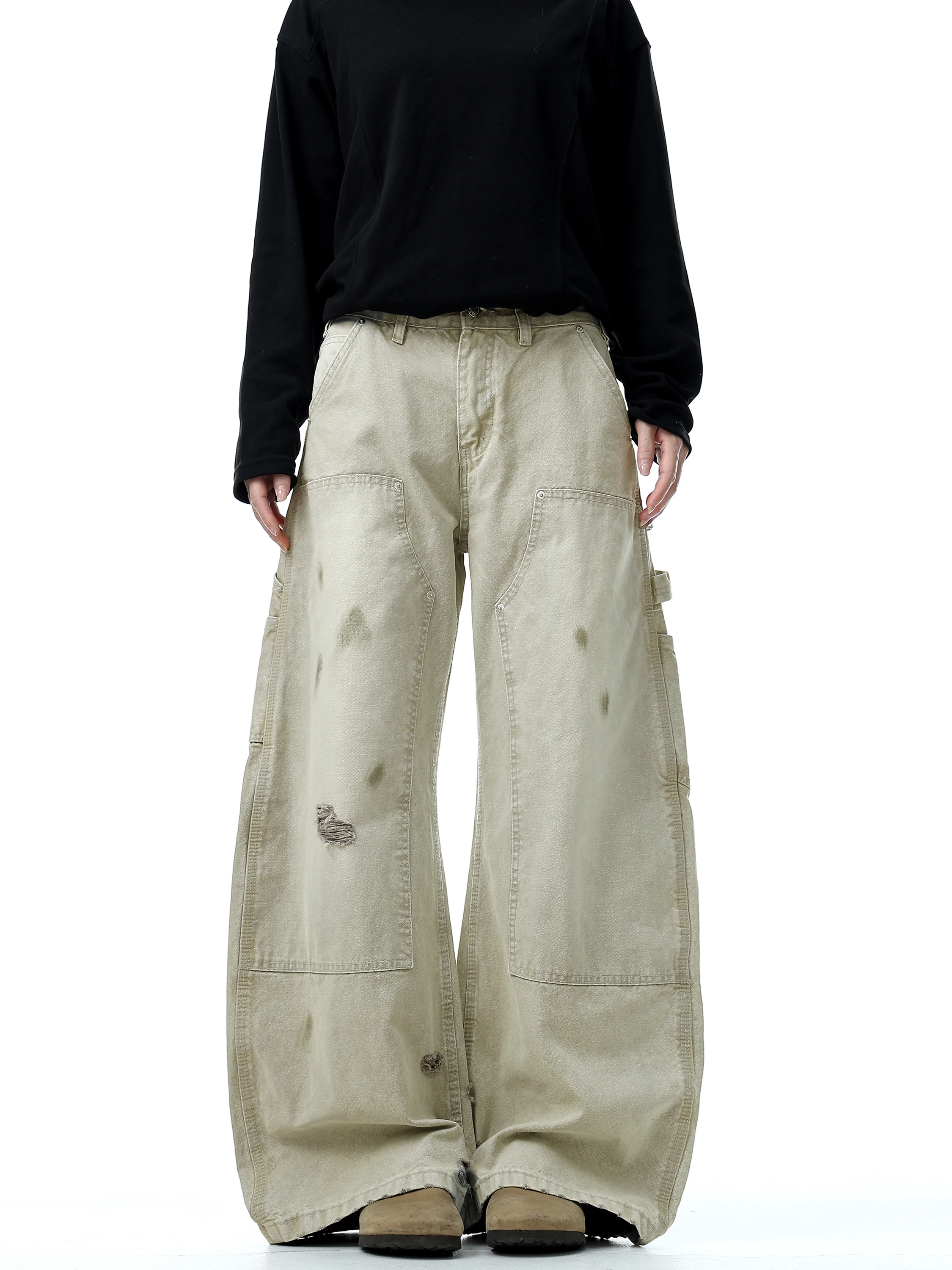 

Retro American Waed Distred Wide Leg Knife Jeans Men's High Street Trendy Brand Logging Workwear Straight Cut Loose...