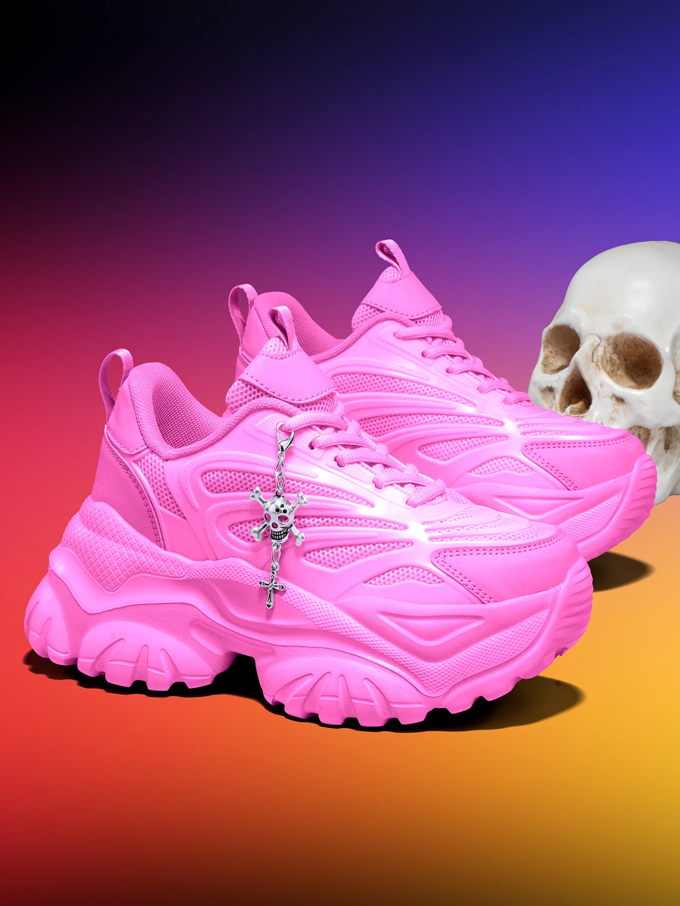 Damen-Outdoor-Allwetter-Modische Dad-Schuhe, Eva-Leichtgewicht-Sneaker mit dicker Sohle und 7 cm Absatzhöhe, orangefarbene Sportschuhe mit abnehmbarem silbernen Kreuz- und Totenkopf-Anhänger im Halloween-Punk-Stil, vielseitig einsetzbar für den täglichen Arbeitsweg und Fitness – Detail 34