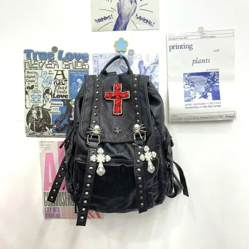 Red Crystal Cross Silver Spider White Cross Rivet Gothic Rucksack Y2K Punk Black Faux Leather Backpack