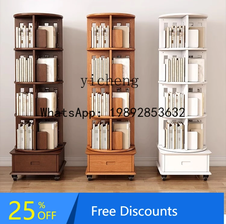 AA  solid wood rotating bookshelf  degree bookcase household room storage floor children's simple storage rack