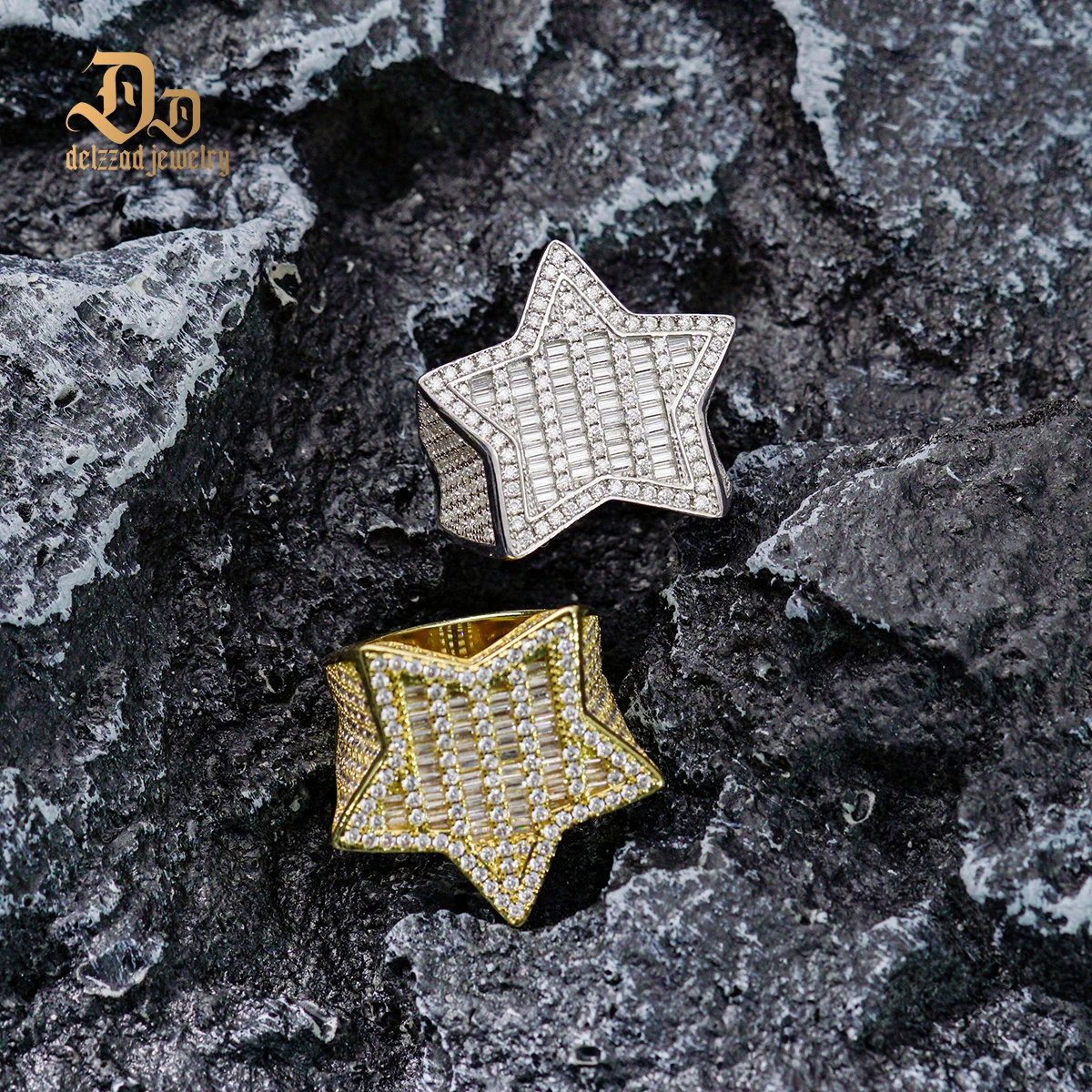 Delzzad High Quality VVS1 Moissanite Pentagram Ring 100% S925 Hip Hop Sterling Silver Unisex Jewelry Gift
