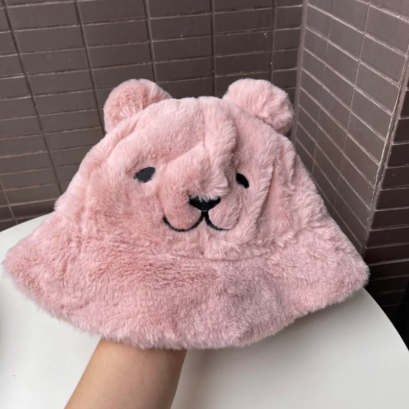 Cute Autumn Winter Leopard Fur Bucket Hat Bear Ear Ball Plush Fisherman Hat Soft Warm Thick Basin Hat Sun Protection Bucket Hats