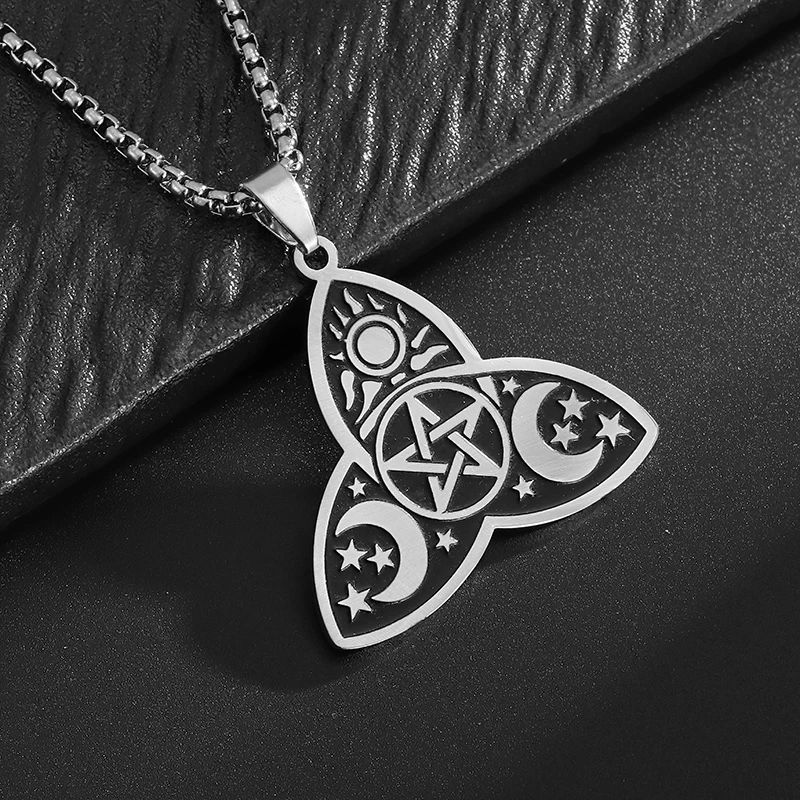 Vintage Stainless Steel Sun Moon Star Irish Witch Trinity Pendant Necklace Men Women Fashion Lucky Amulet Jewelry