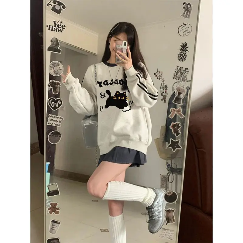 Oat Colored O-neck Hooded Sweatshirt for Women Spring Autumn 2024 New Striped Couple Loose Long Sleeved Pullover Cartoon Top