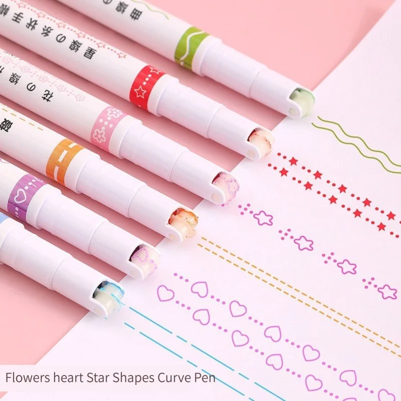 6Pcs/Set Highlighter Marker Set Cute Stationery Style For Journaling Drawing School Flower Shape Line Design Student Art Craft