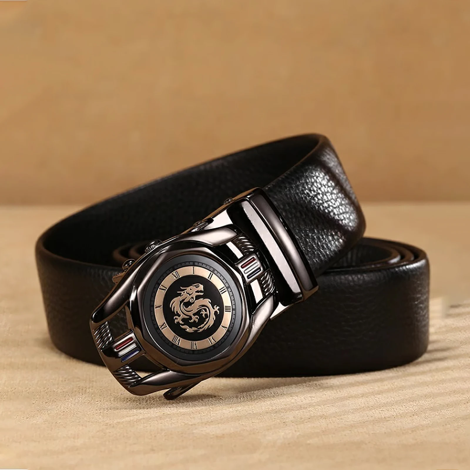 MIYA GARDEN Men's Belt Lucky Luxury Chinese Dragon(Long) Label Buckle Men's Cowhide Belt Business Head Layer Cowhide Belt