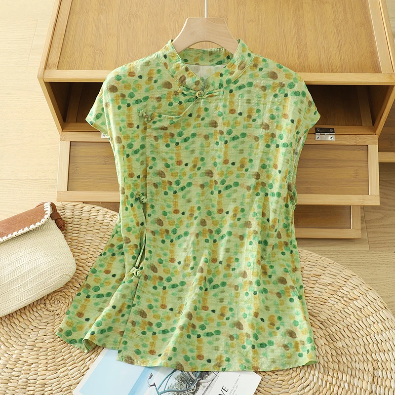 Csa sin Mangas de Lino y Aodón con Estampado Floral de Verano, Estilo Deado, Abotonada, Blusa Hoada para Mujer, Cuel...