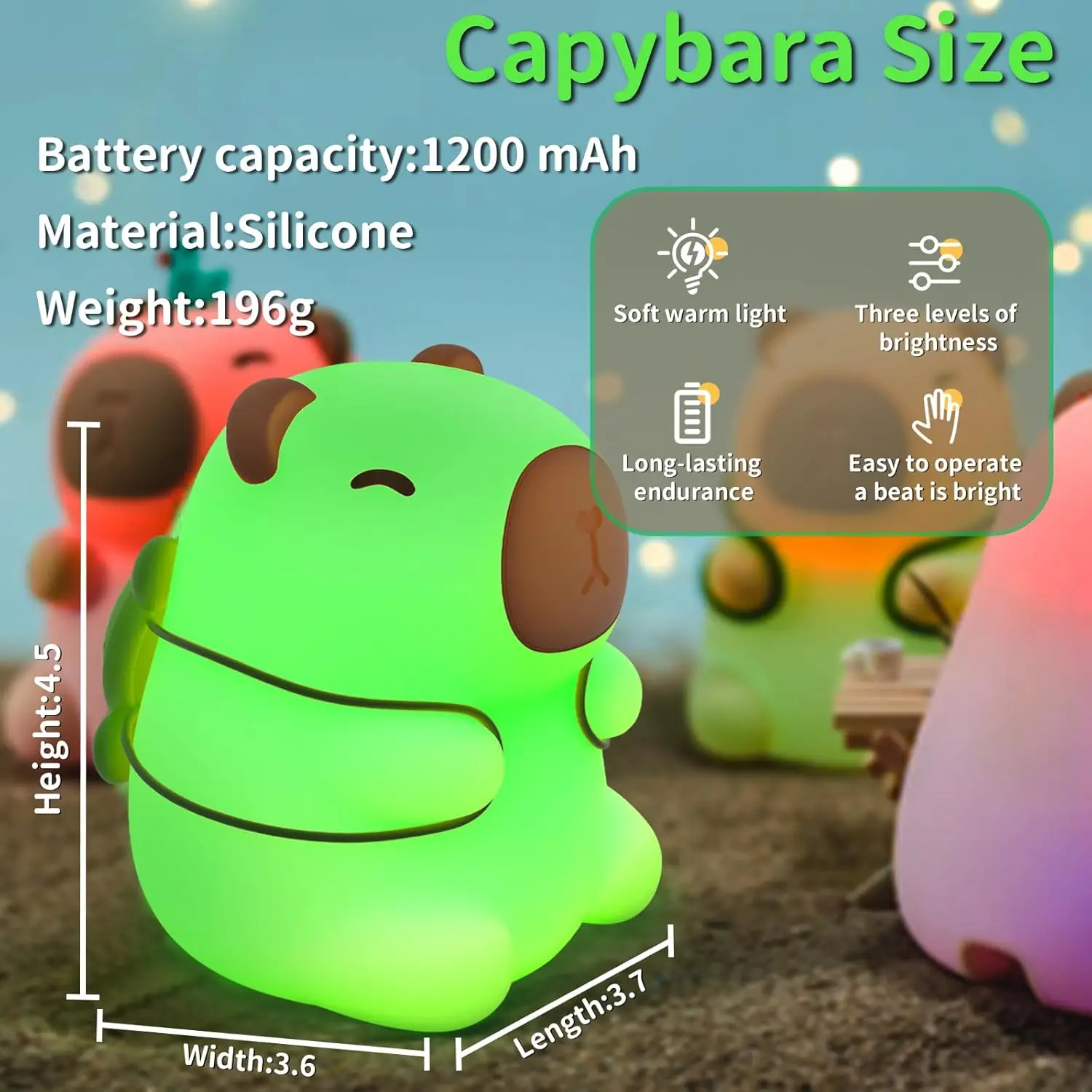 Linda luz nocturna de silicona Capybara LED recargable con temporizador de atenuación para niños, lámpara de noche de animales para dormir, decoración de habitación