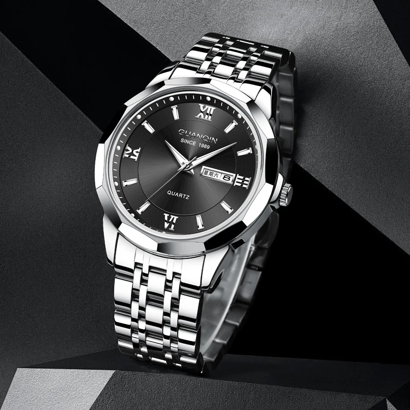 GUANQIN Men's Watches Casual Business Stainless Steel Strap Original Brand Quartz Wristwatch Waterproof Luminous Date Week 19324