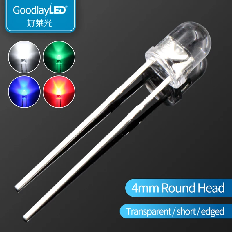 

1000PCS F4 / 4mm Round Red Blue Green Yellow Directly short leg edge transparent white light LED light-emitting diode