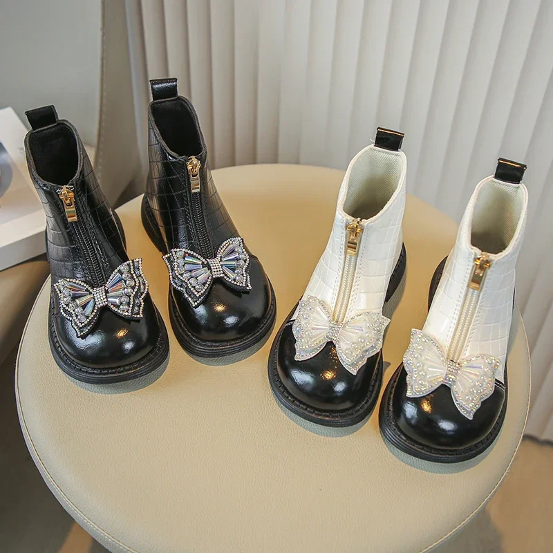 Girls Ankle Boots Children Flats Bottom Princess Rhinestone Boots with Bow-knot Front Zip Glossy Fashion Kids Chelsea Boots 2025