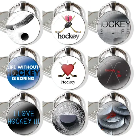 수제 유리 카보숑 열쇠 고리, 거치대 펜던트 열쇠 고리, i love 아이스 하키