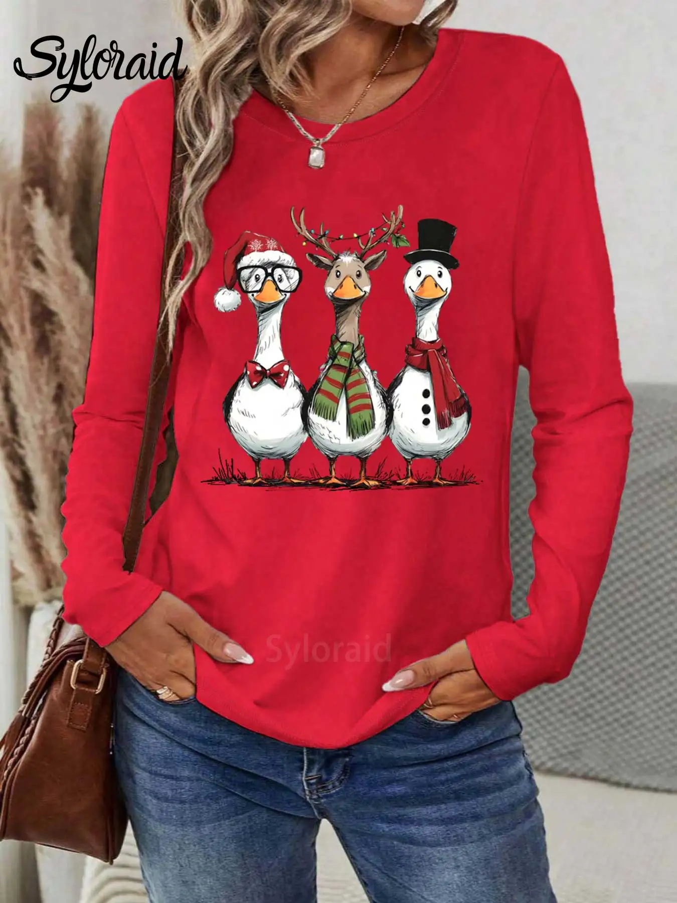 Maglietta a maniche lunghe da donna Cappello natalizio Sciarpa Corna T-shirt con stampa d'oca Moda girocollo Top casual