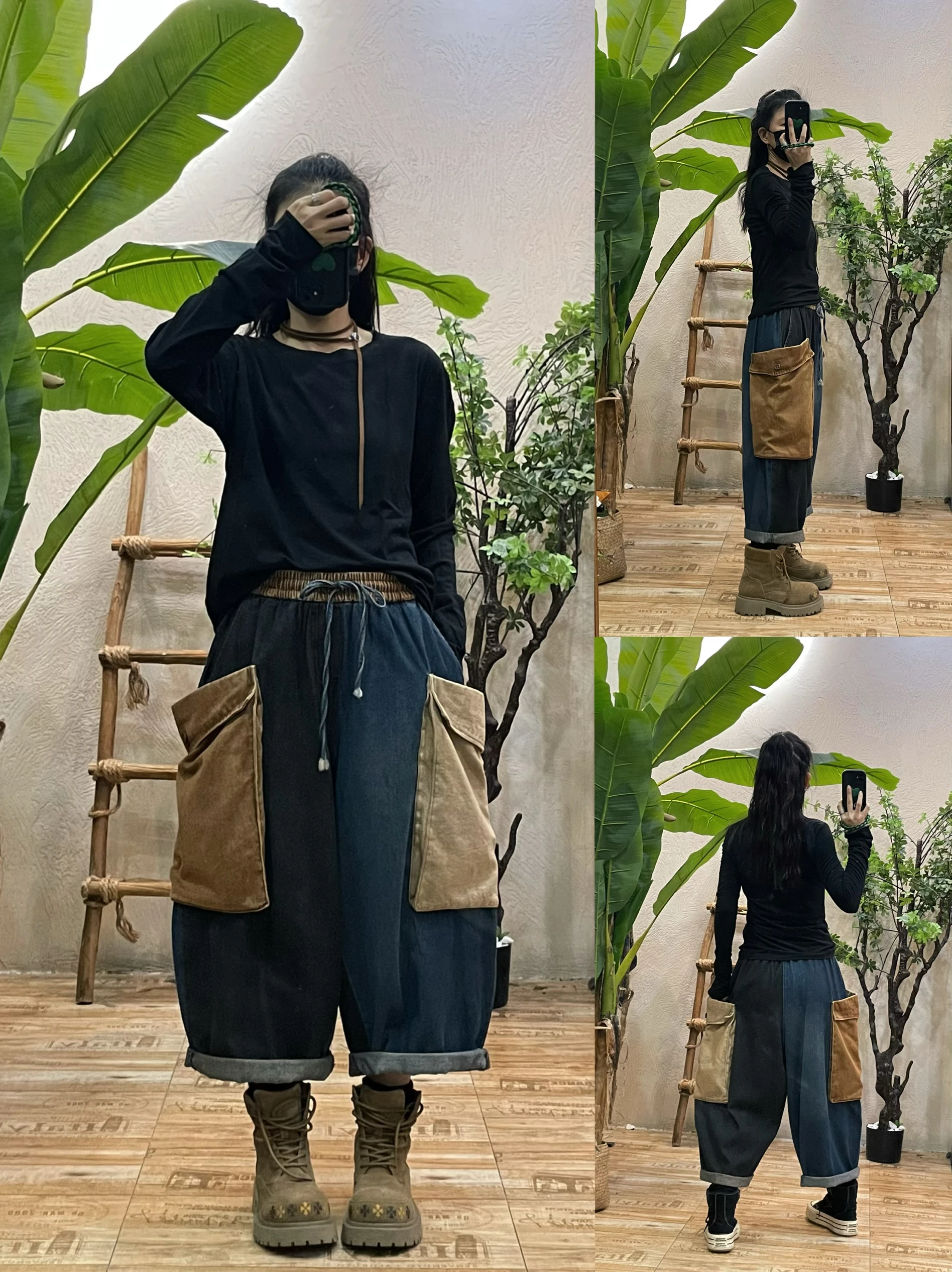 

Retro Patchwork Denim Work Pants Women Loose Slimming Casual Wide Leg Nine Points Autumn New Sle High Waist Trousers