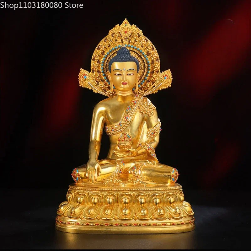 

28cm Exquisite Copper brass Gilding Shakyamuni sit Lotus buddha statue Tibet buddhism Nepal sculpture For home temple decor