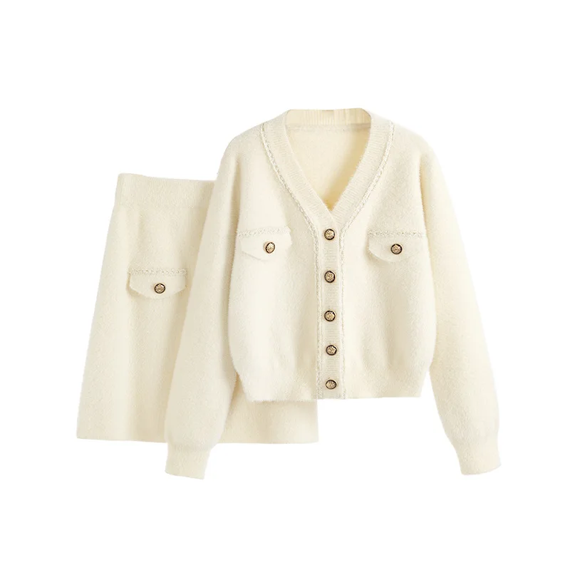 Women's 2-pcs Knitted Set V-neck Coat And Skirt Spring Autumn New  Small Fragrance Style Knitted Outfit
