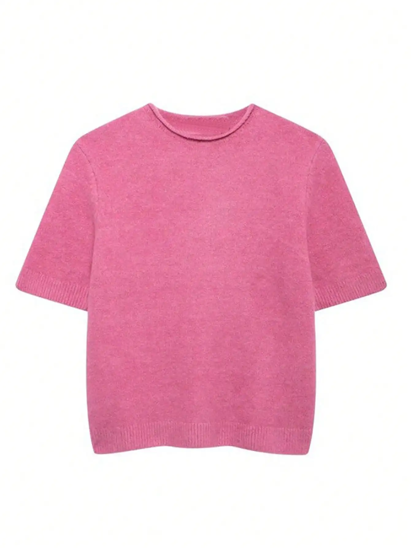 

Женский розовый однотонный трикотажный топ с круглым вырезом и короткими рукавами — повседневный, удобный крой