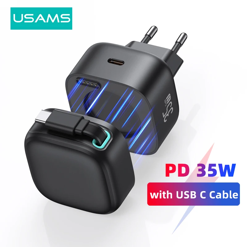 USAMS-cargador USB GaN magnético, Cable de carga rápida para iPhone, Xiaomi, Samsung, 35W, tipo C, PD, enchufe de la UE, EE. UU., Reino Unido