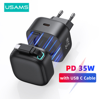 USAMS Magnetic USB GaN Charger 35W Type C PD Fast Phone Charger EU US UK Plug Built Quick Charge Cable for iPhone Xiaomi Samsung