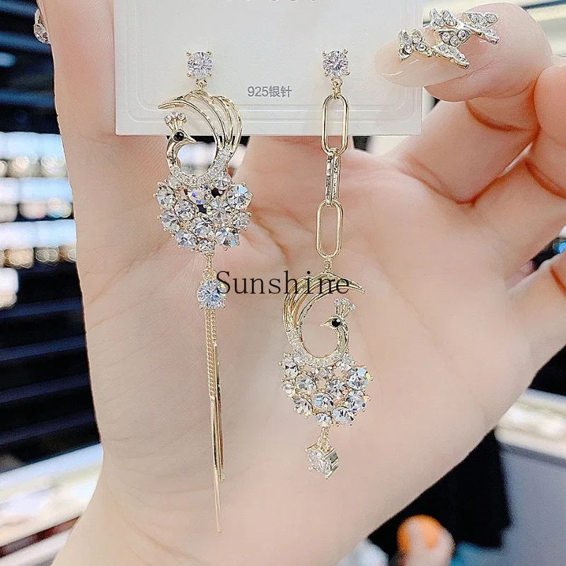 

Korean version of fashion AB full diamond phoenix fringed earrings women's long earrings