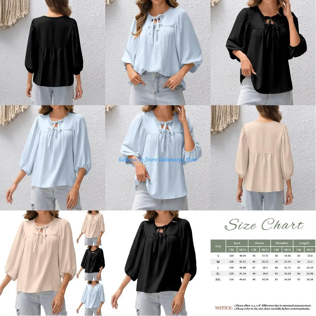 

573B Женский топ с рукавом три четверти, повседневная и элегантная свободная женская рубашка с галстуком-бабочкой