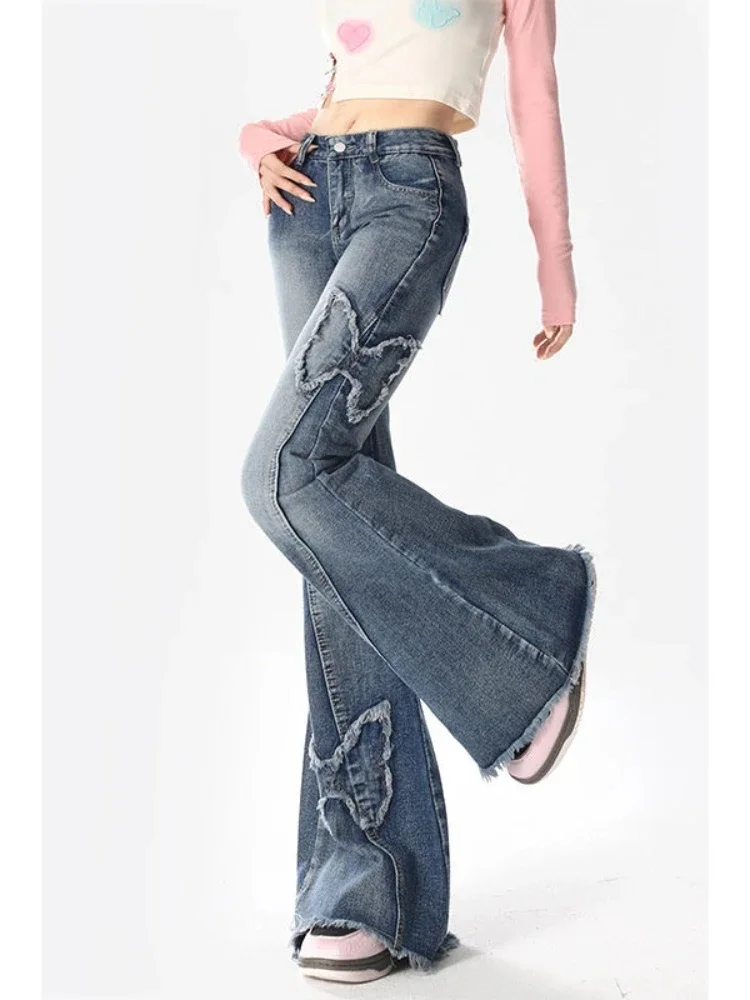 Women's Blue Butterfly Patchwork with Raw Edges Flared Jeans American Retro Yk2 Harajuku Low Waisted Loose Fitting Women Jeans