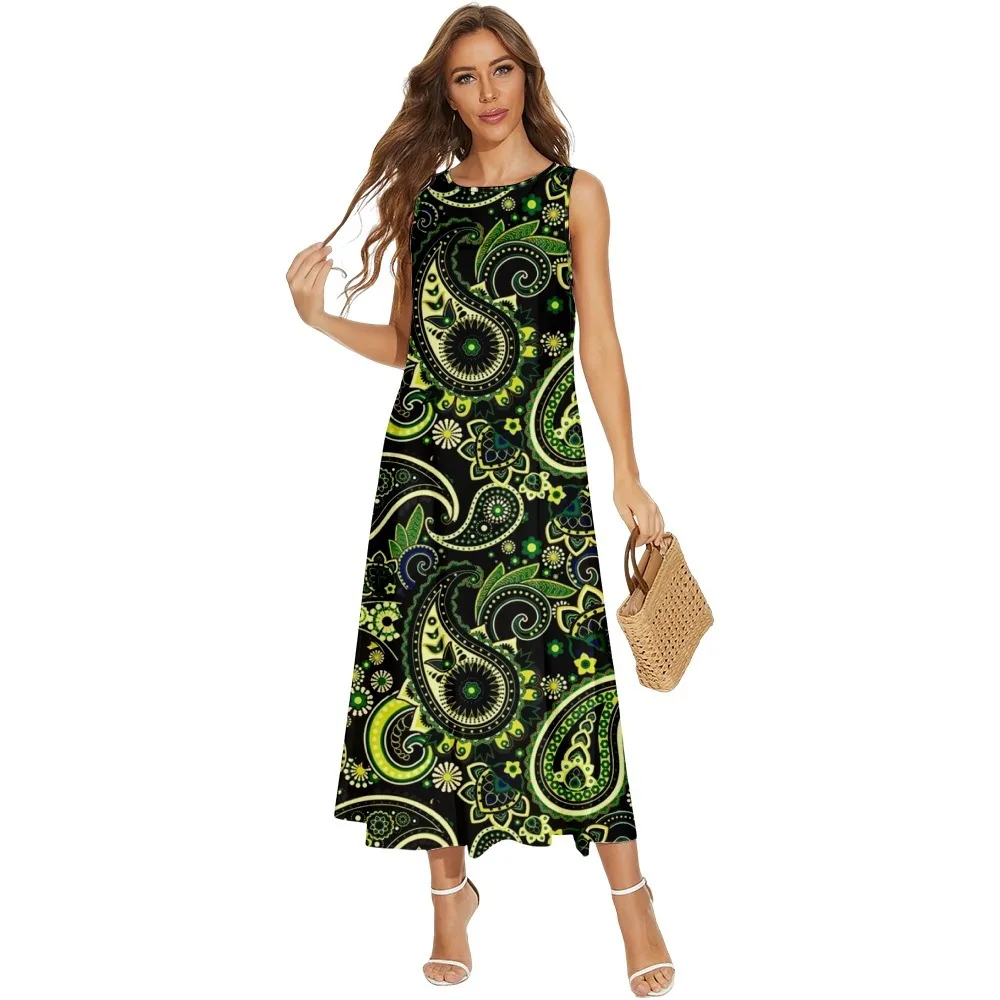 

Spring Summer Women Fashion Beach Long Dress Cashew Flowers Printed Casual Sleeveless Pocket Dress Clothing Holiday Vestido