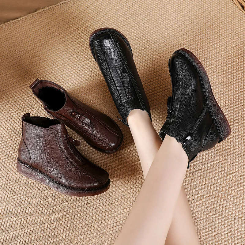 

Lolita Boots Flat Heel Shoes Round Toe Zipper Winter Footwear Leather Ankle 2024 Genuine Ladies Med TPR Flock Solid Ethnic PU Fa