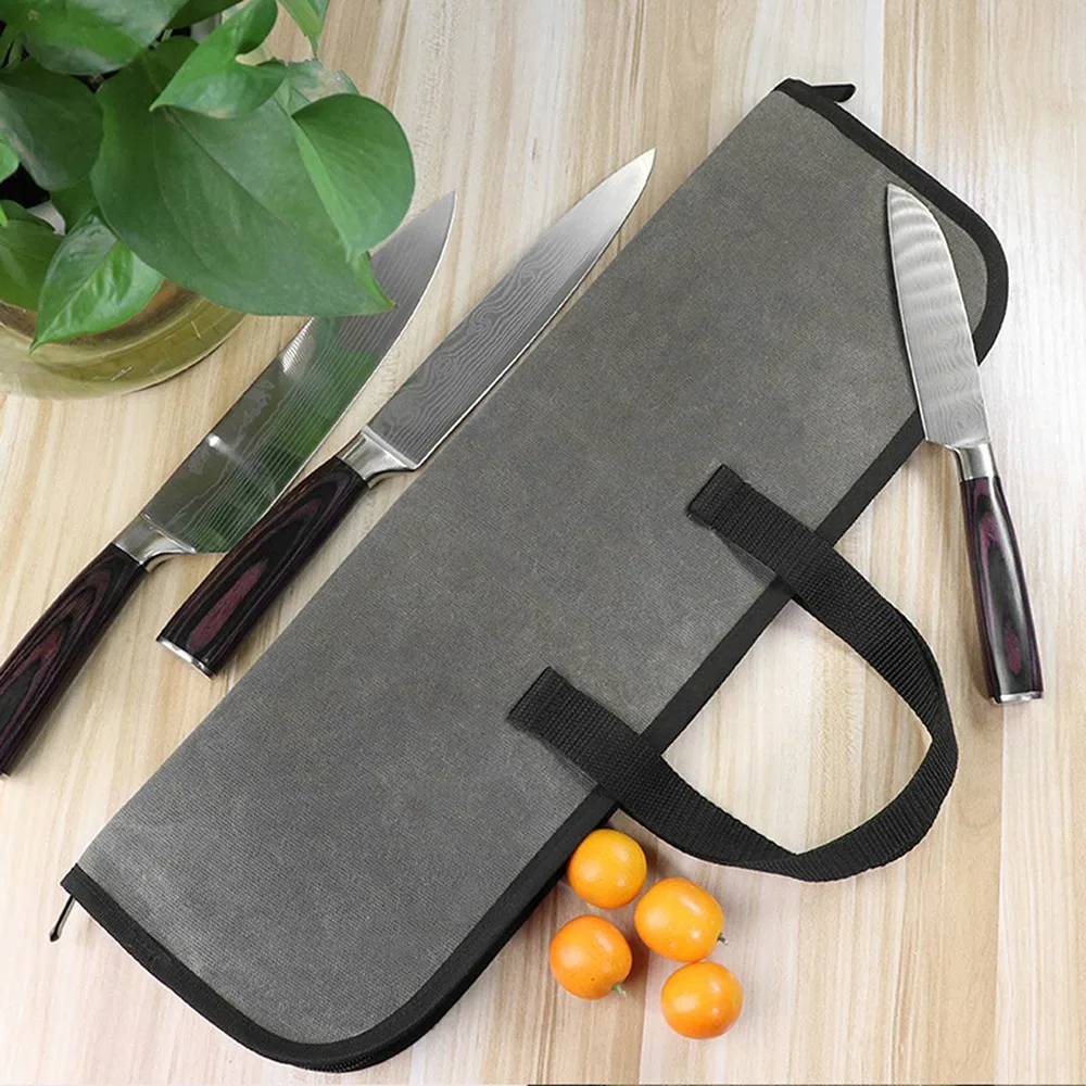 Practical 4 Slots Chef Knife Roll Bag Canvas Material Green Knife Carrying Case Zip Closure Portable Knife Bag For Kitchen Use