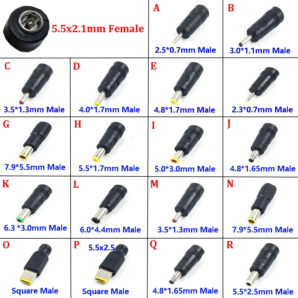 1piece DC Power Male to Female Adapter 5.5x2.1mm to 7.9*5.5/6.3*3.0/6.0*4.4/3.5*1.3/4.8*1.65/4.8*1.7 5.5*2.5mm Laptop Connector