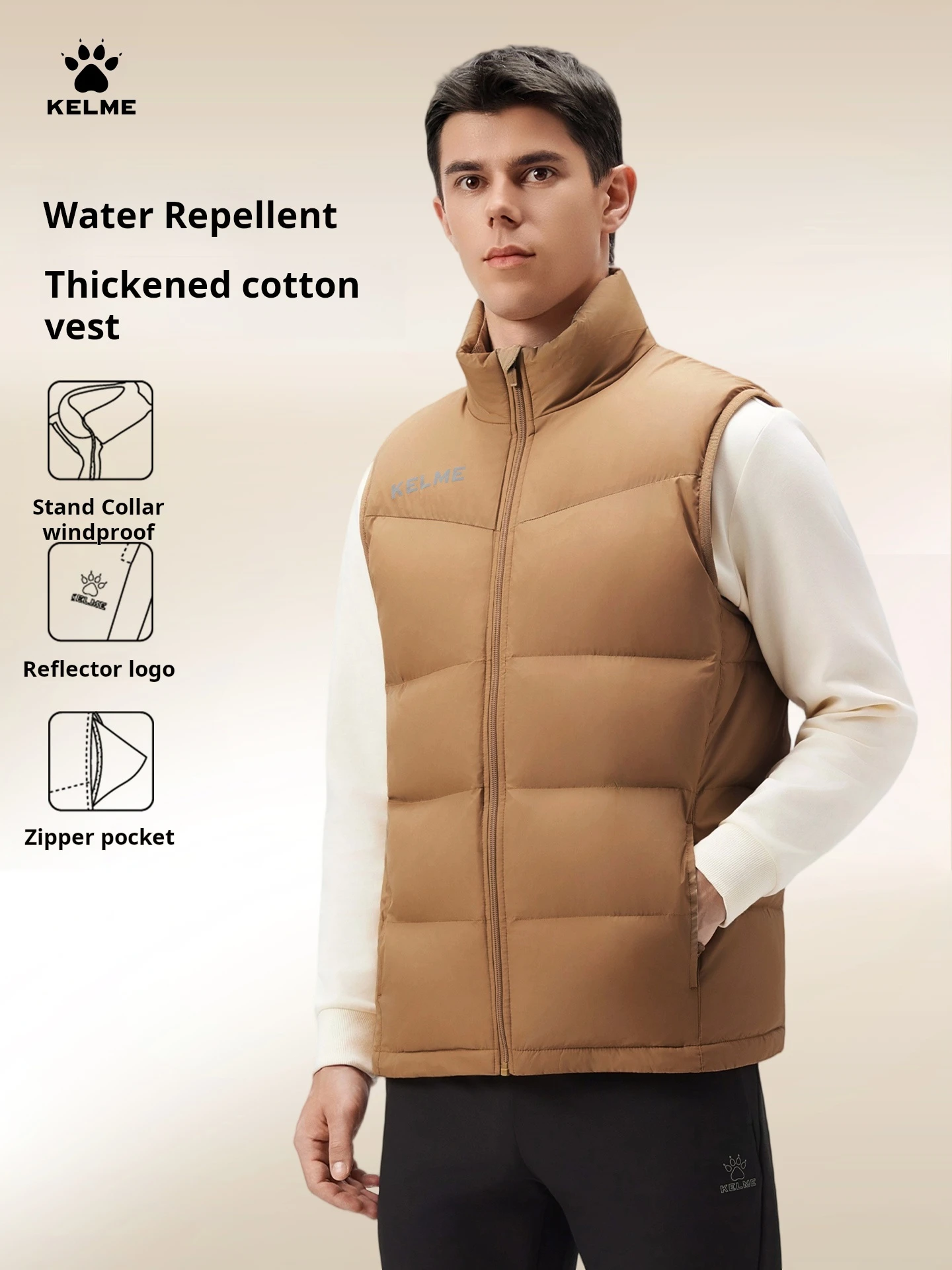 Kelme Windproof Sports Vest Stand-up Collar Thermal Jacket Sleeveless Sports Vest Fleece-lined Thickened Sports Set