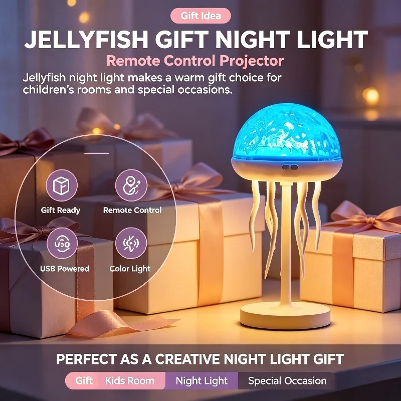 Jellyfish Wave Projector, USB Powered Night Light with Remote Control and Ripple Effects for Kids' Rooms and Bedside Decor
