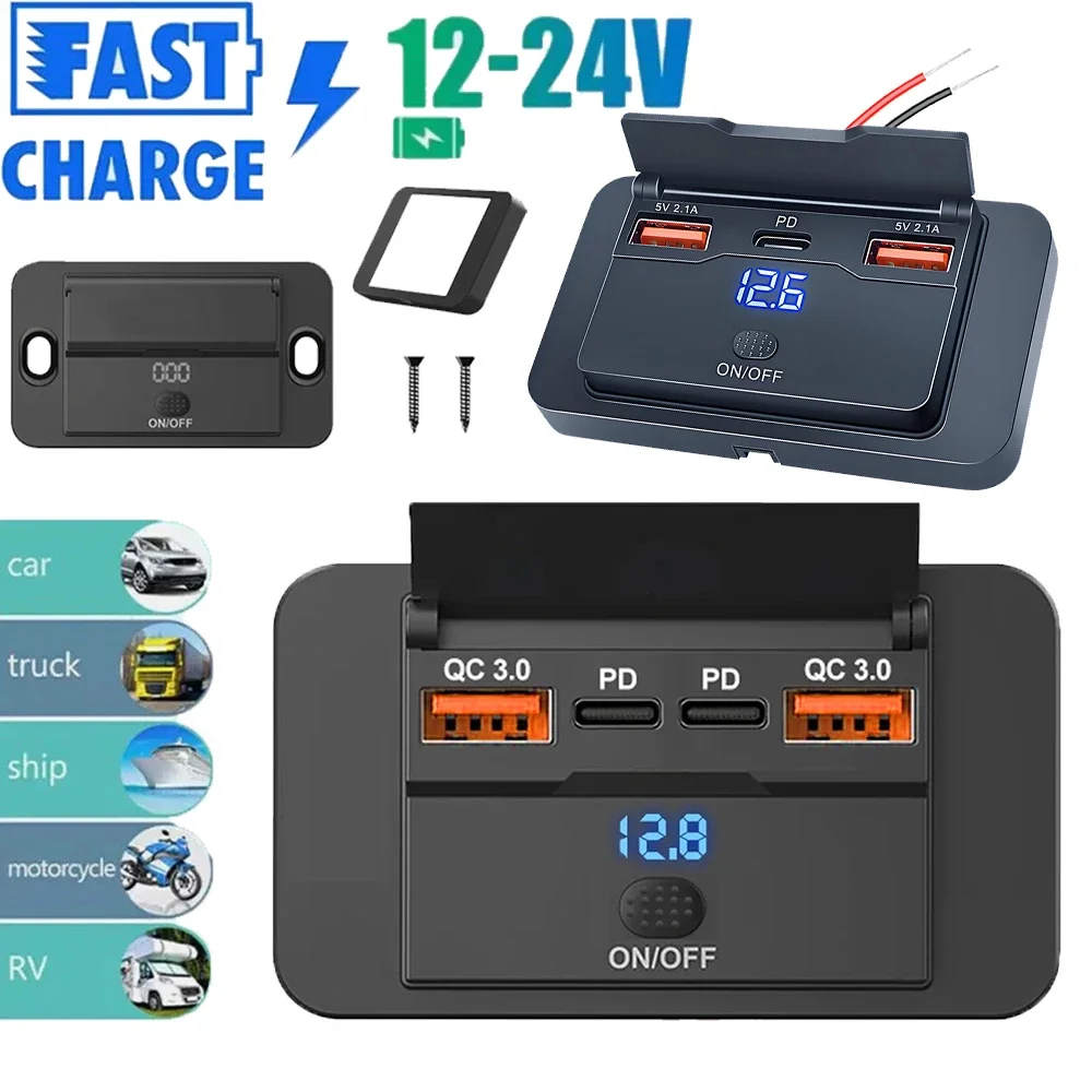 3/4-Port RV Typ-C USB-Steckdose mit Netzschalter QC3.0 PD USB2.1A Typ-C Schnellladesteckdose Wasserdicht 12V 24V Autoladegerät