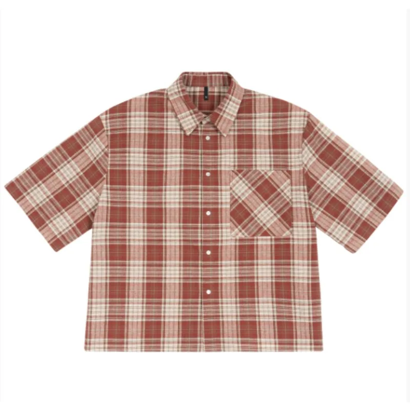 Vintage Plaid Shirts Mans 2025 Spring Summer Baggy Short Sleeve Shirts for Men Korean Fashion Clothes Teenagers