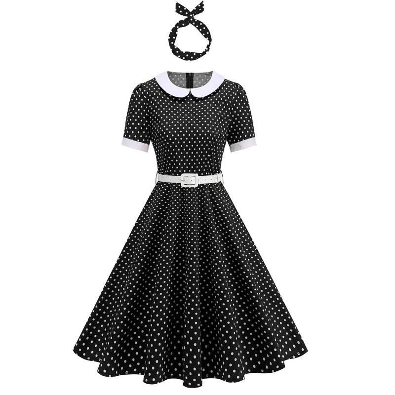 50대 60대 여성 레트로 물방울 무늬 드레스 슬림핏 핀업 볼 가운 파티 드레스 로브 빅 스윙 로카빌리 드레스 헤드밴드 포함