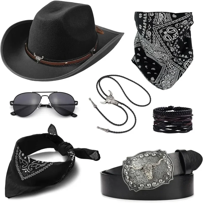 Cowboy-Kostüm-Outfit für Männer und Frauen, Western-Cowboyhut, Bolo-Krawatte, Schnalle, Gürtel, Zubehör-Set für Halloween, Cosplay, Party, Disfraz