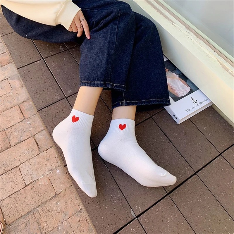 5 Pairs Socks Cotton Short Socks Harajuku Novelty Love Heart Pattern Socks Hip Hop Solid Color Cute Socks