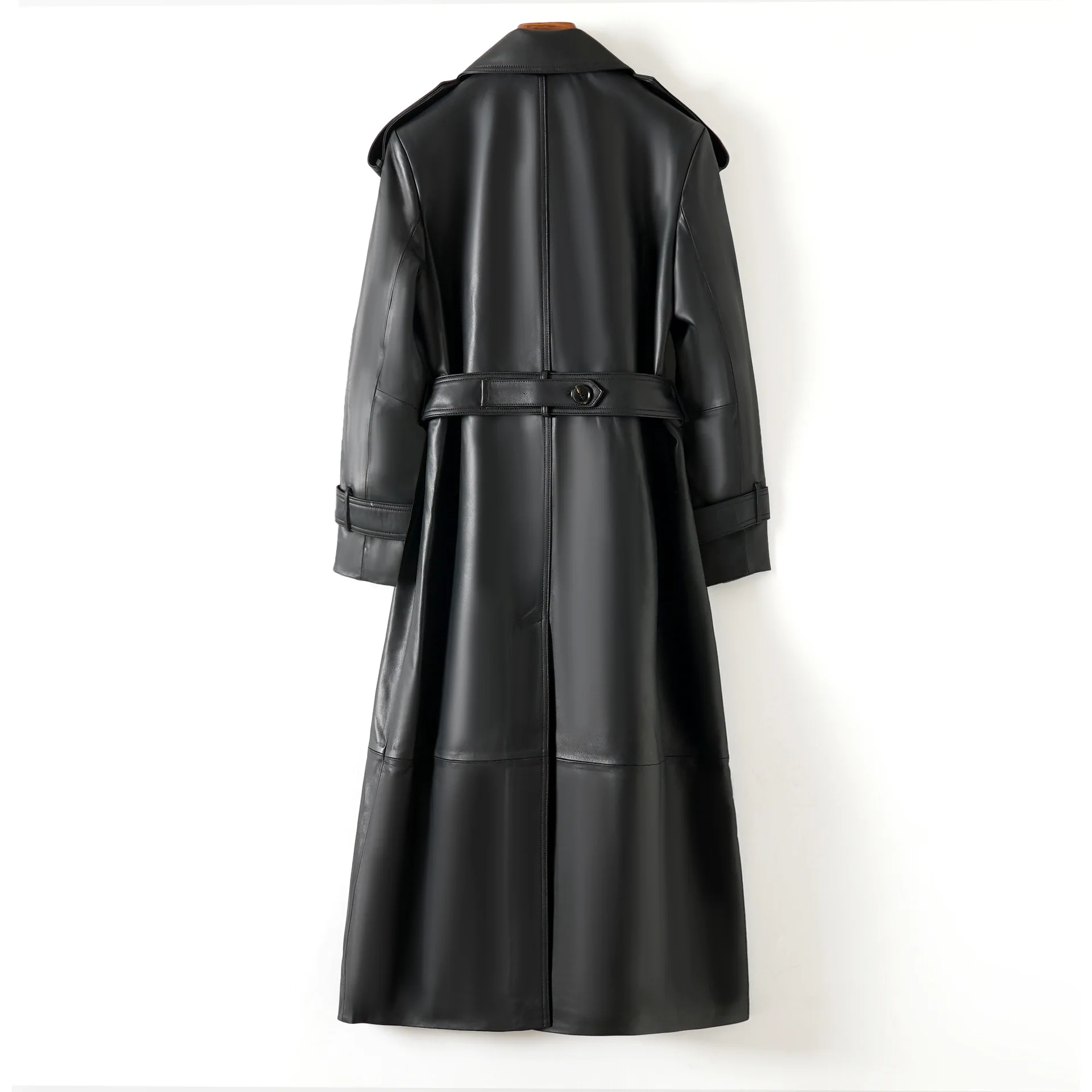 Manteau long en cuir pour femme, véritable cuir d'agneau, col à revers, double boutonnage, coupe ajustée, avec ceinture longue, collection automne/hiver