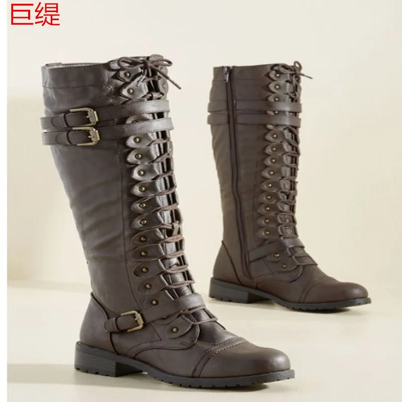 Knee High Women Boots Autumn woman shoes Winter Lace Up Vintage Flat Shoes Sexy Steampunk Leather Retro Buckle Ladies Snow Boots