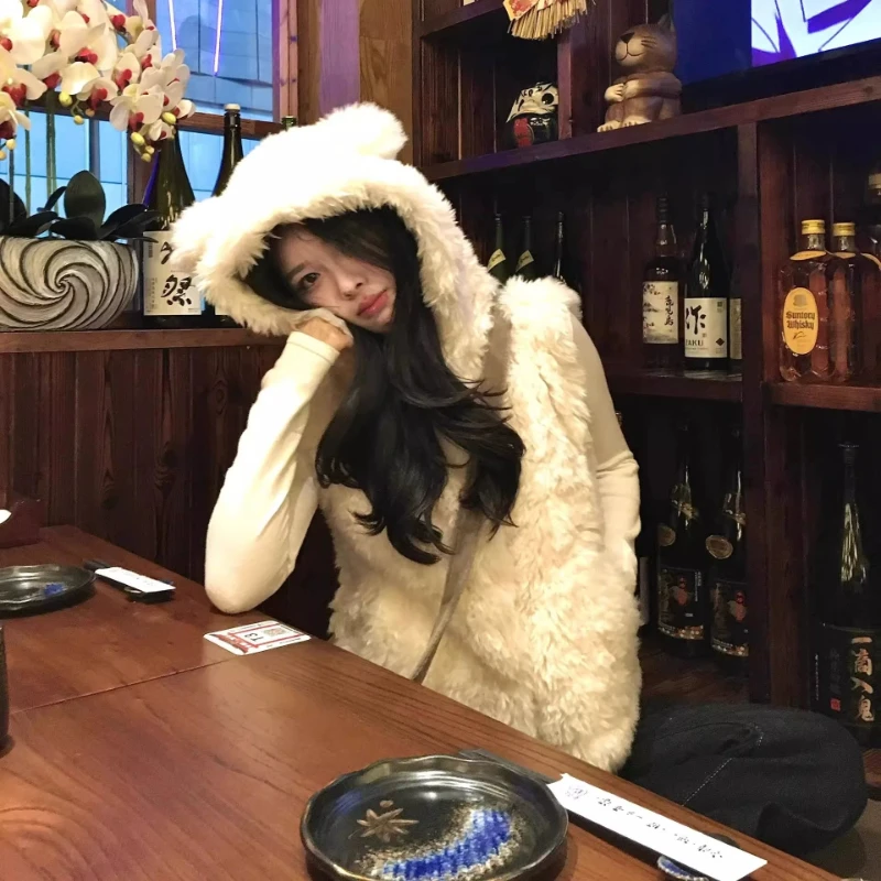 

Deeptown White Sweet Bear Ear Faux Fur Women Sweater Vest Kawaii Korean Fashion Sleeveless Hooded Vest Cute Loose Casual Winter