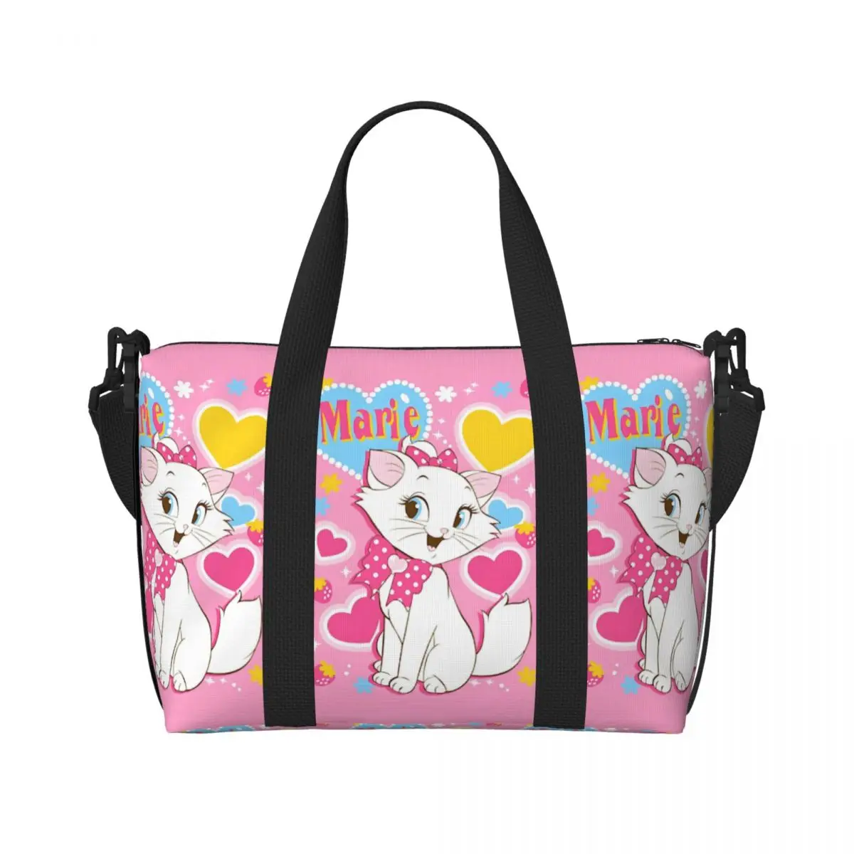 

Custom Cute Cartoon Marie Cat Tote Bag Women Large Capacity Animal Movie Pink Kitten Film Gym Beach Shoulder Travel Bag