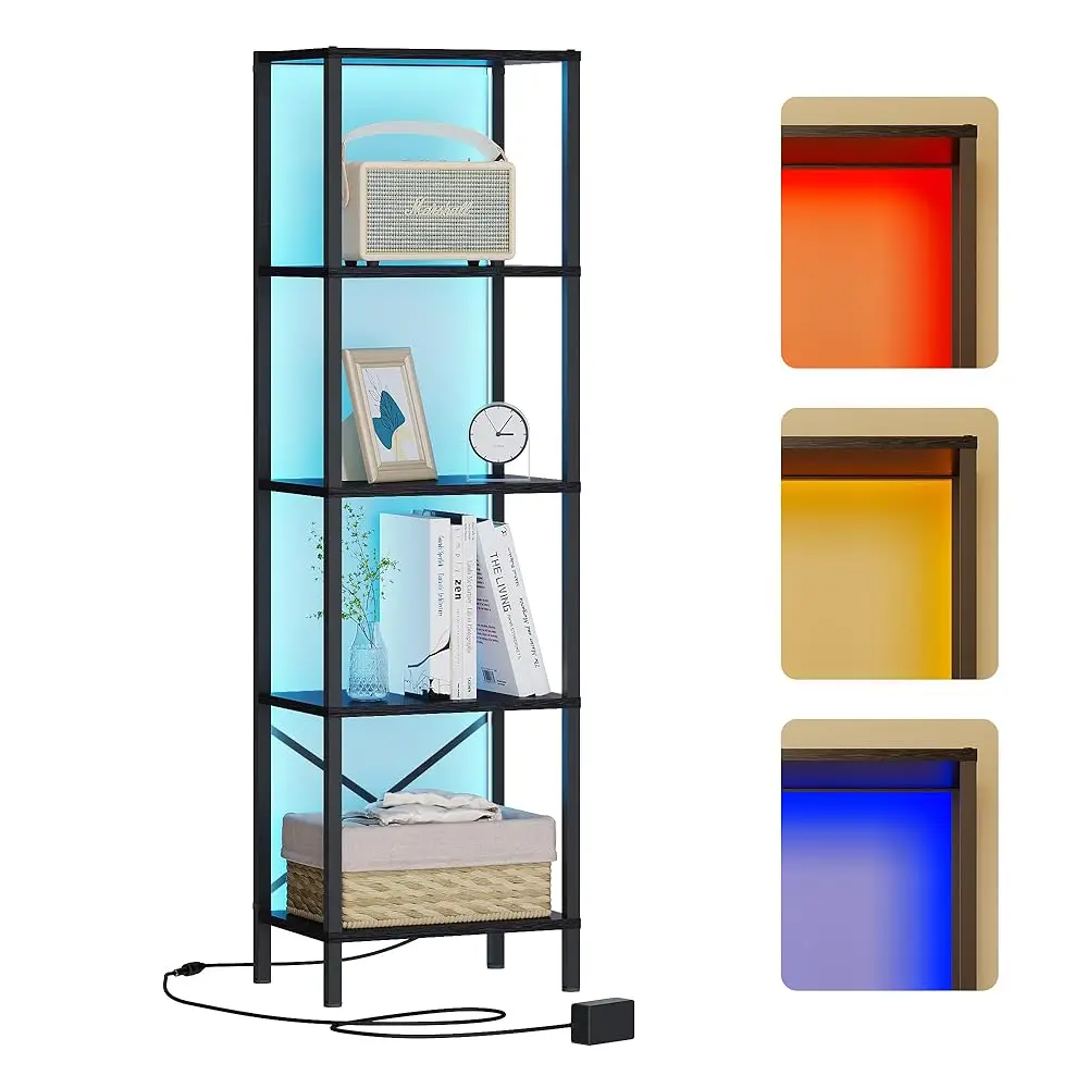 

5-Tier Bookshelf, Tall Narrow Bookcase With Led Lights, Book Shelf With Steel Frame, Display Storage Shelf For Living Room,