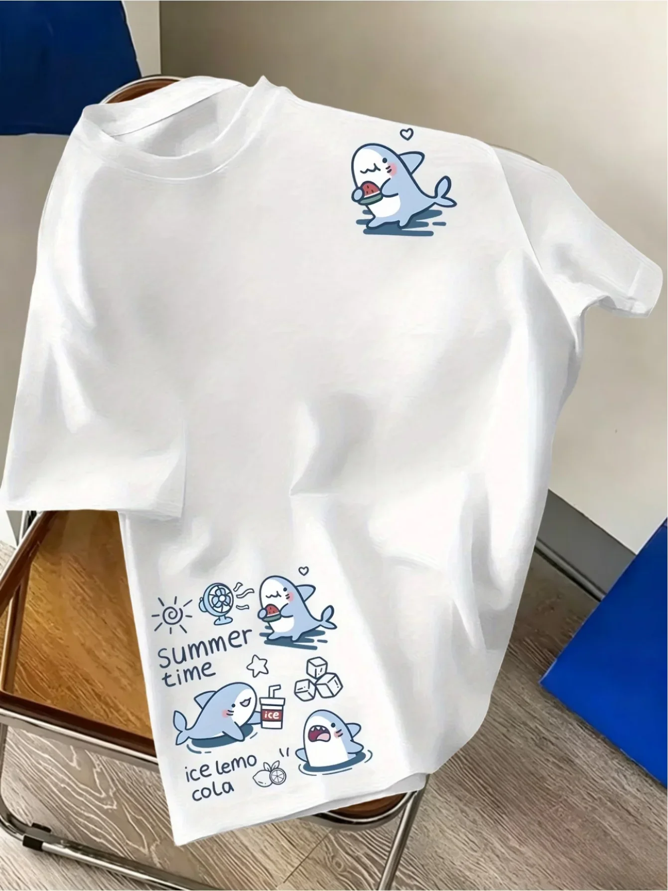 100% Pure Cotton Summer Men's and Women's Short-Sleeved T-Shirt, cartoon Summer Shark Print niche High-End Versatile
