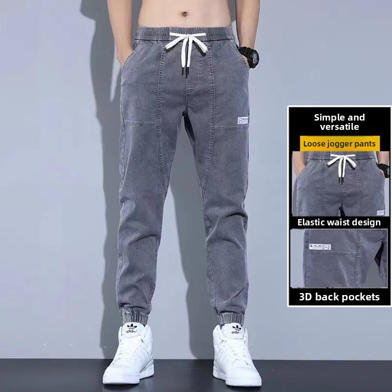 Celana Jeans Olahraga Longgar Pria Trendi Celana Denim Pinggang Elastis Musiman Musim Semi Musim Gugur Celana Denim Remaja Sle