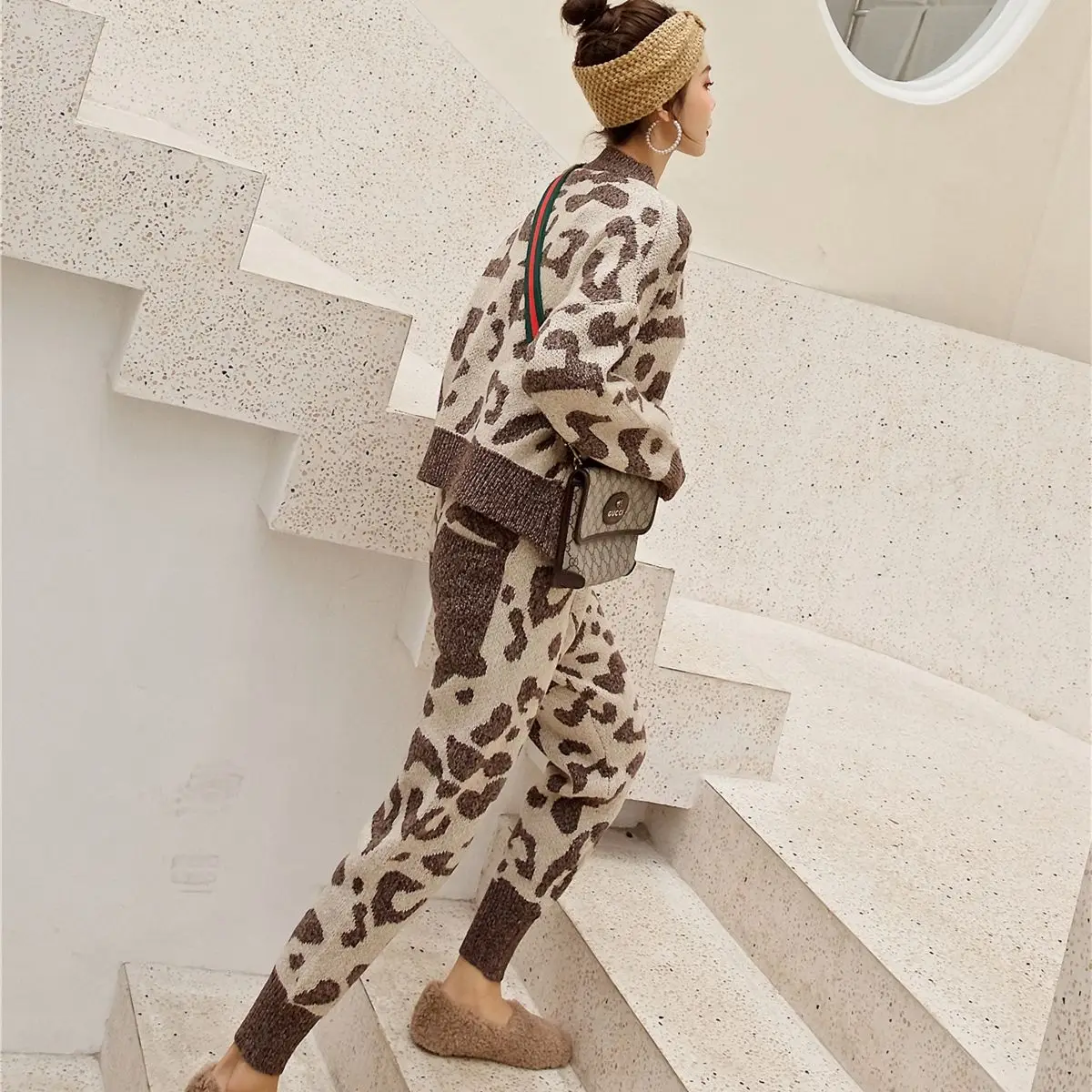 Sweater Women Suit New Two Loose Korean Leopard Print Round Neck Pants Leopard Print Suit Casual Two Piece Set Women