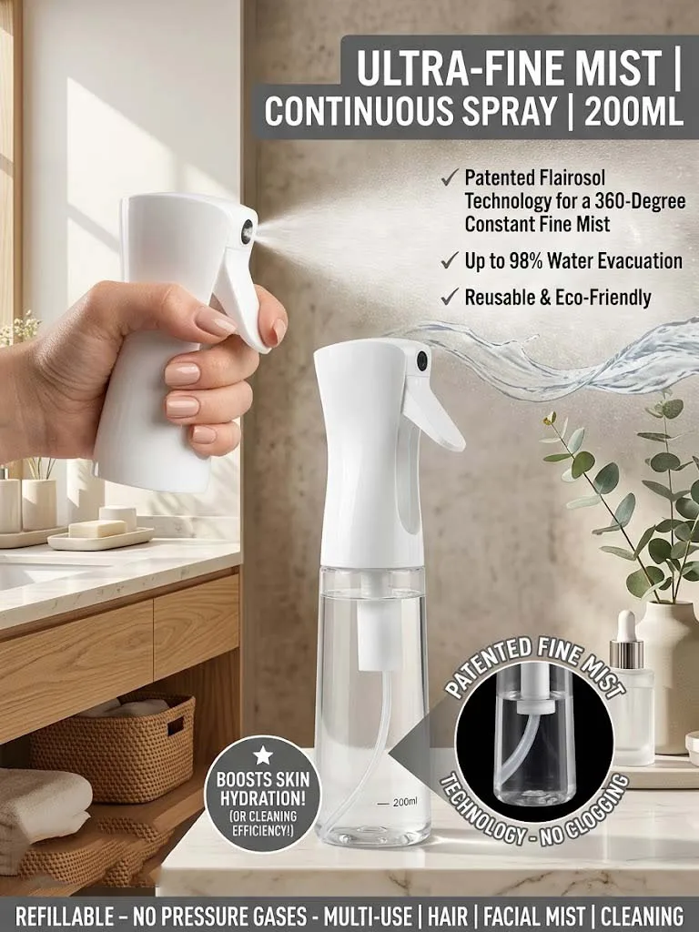 1pc Continuous Fine Mist Spray Bottle, Multi-Purpose Portable Handheld Sprayer for Hair, Facial Toner, Alcohol, Plants, Home Cleaning, Travel Liquid Container