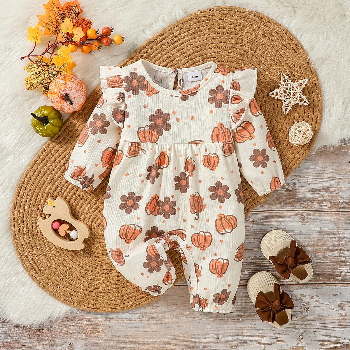 Baby Girls Spring/ Autumn Long Sleeve Print Floral&Pumpkin Cute Daily Wear Jumpsuit