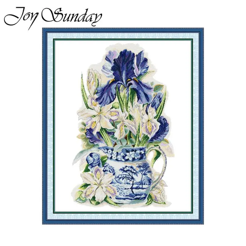 

Joy Sunday Cross Stitch Iris and Celadon HD Pattern Counted Printed Fabric Aida 16/14/11CT DIY Needle Set Art Embroidery Floss