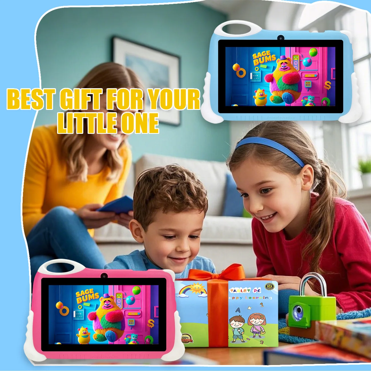 Tablet infantil Android 12 de 7 polegadas, tablet educacional com câmeras duplas, projetado para meninos e meninas como aniversário divertido, presentes de Natal